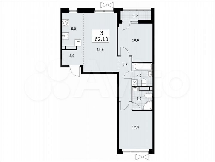 3-к. квартира, 62,1 м², 5/9 эт.