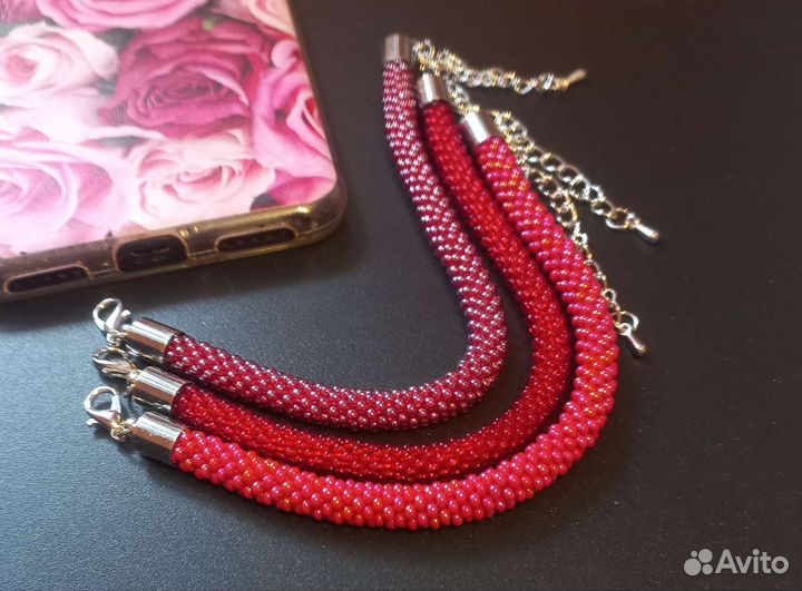 Браслет красный, браслет бордовый из бисера