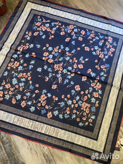 Шелковый платок шаль Dior синий двухсторонний