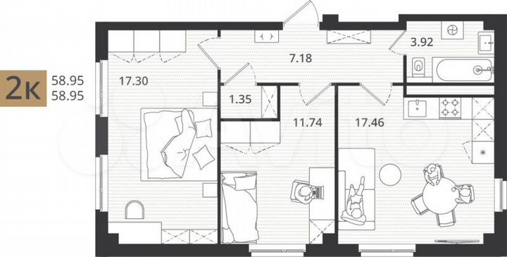 3-к. квартира, 59 м², 1/7 эт.