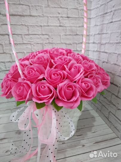 Букет из мыльных роз в корзине,45 роз,цветы