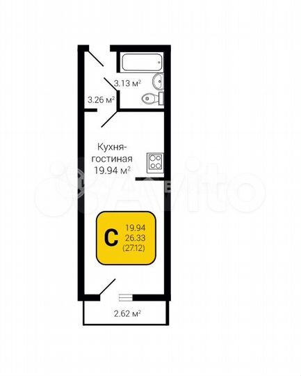 Квартира-студия, 27,1 м², 3/27 эт.