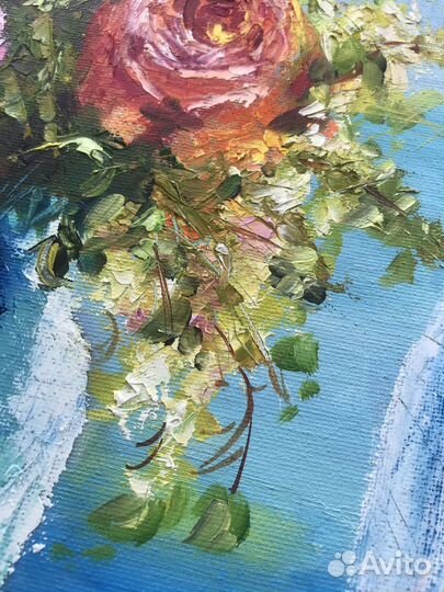 Картина маслом Букет роз в вазе на окне