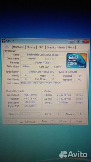 Процессор для ноутбука Intel Core 2 Duo T5250