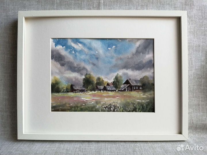 Картина акварелью деревенский пейзаж