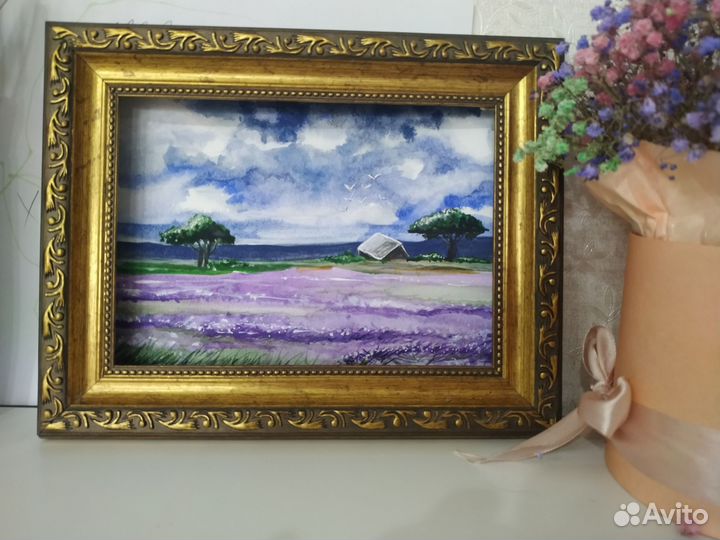 Рисунок акварель пейзаж лавандовые поля