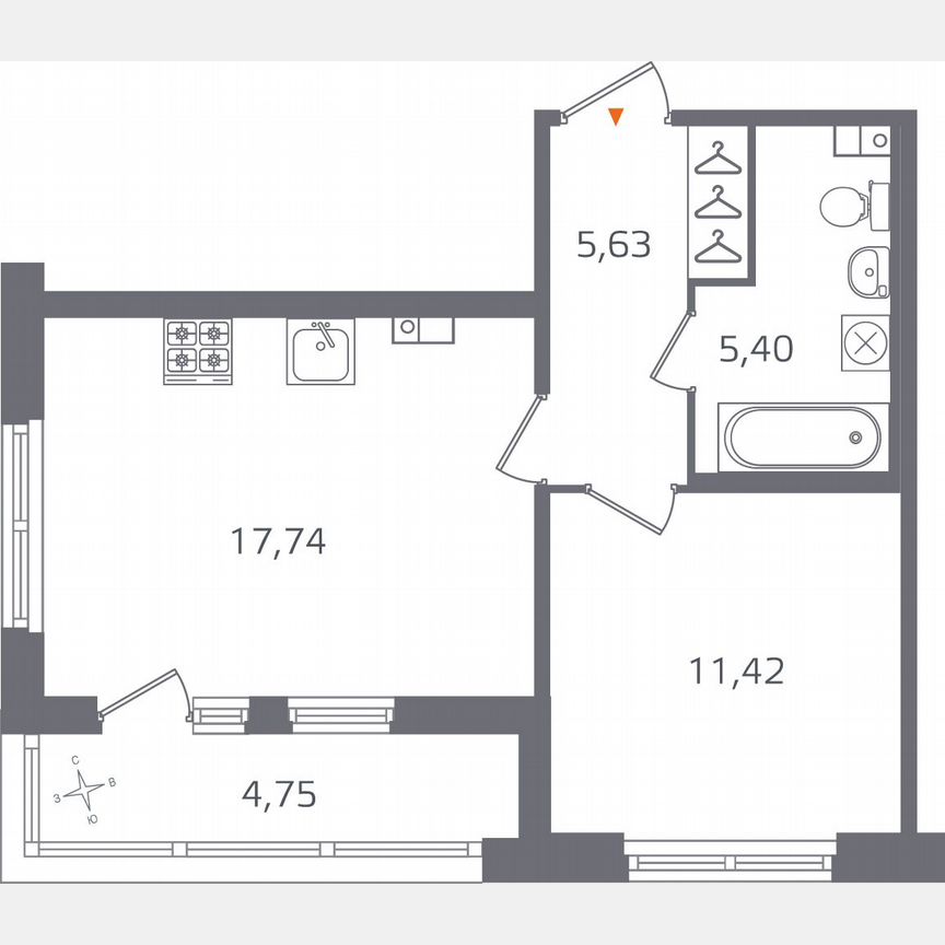 1-к. квартира, 42,6 м², 2/15 эт.