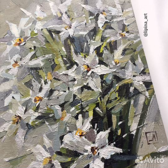 Картина маслом цветы нарциссы букет
