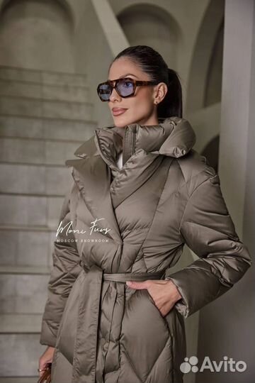 Пуховик серый хаки с поясом и жилетом 100 см