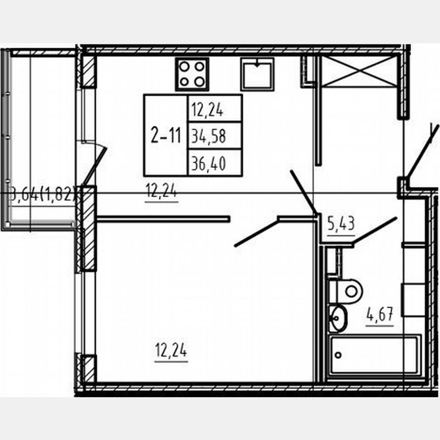 1-к. квартира, 34,7 м², 1/4 эт.