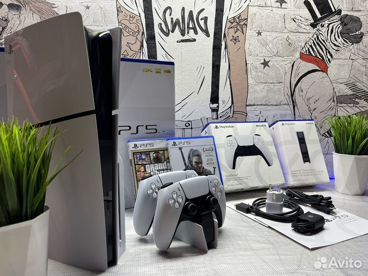 Sony playstation 5 slim 1tb+2/гем+заряд+игры