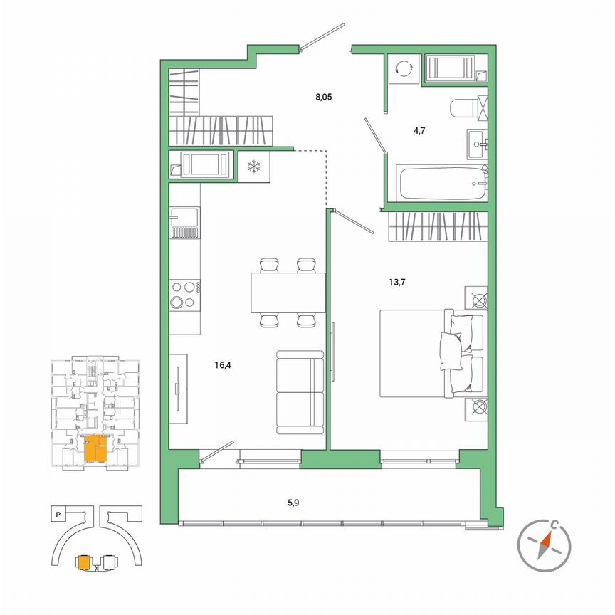1-к. квартира, 45,8 м², 13/25 эт.