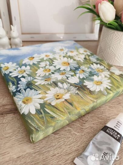 Картина Ромашки маслом на холсте 20х20 см