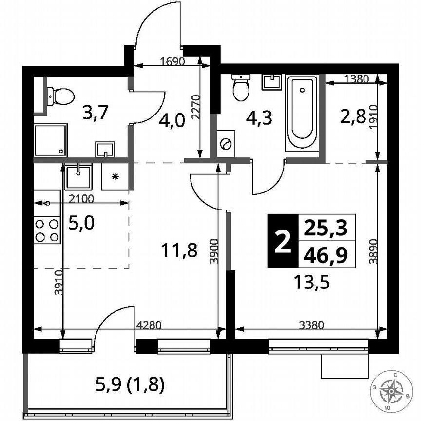 1-к. квартира, 46,9 м², 8/9 эт.