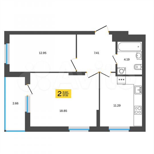 2-к. квартира, 57,4 м², 11/18 эт.