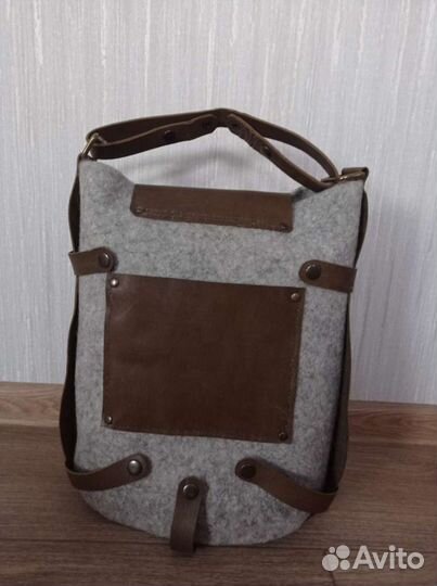 Сумка ручной работы кожа-краст+шерсть овцы валяная