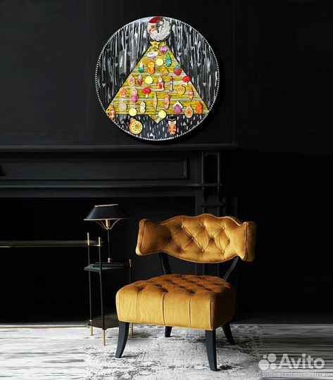 Круглая картина Елка - Елочные грушки СССР