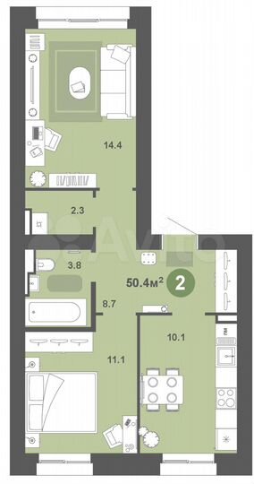 2-к. квартира, 50 м², 3/7 эт.