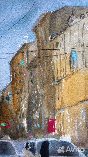 Картина акварель, солнечный город утро улица