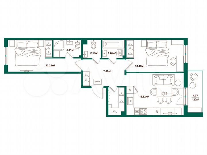 2-к. квартира, 61 м², 6/12 эт.