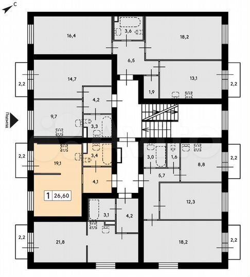1-к. квартира, 26,6 м², 2/4 эт.
