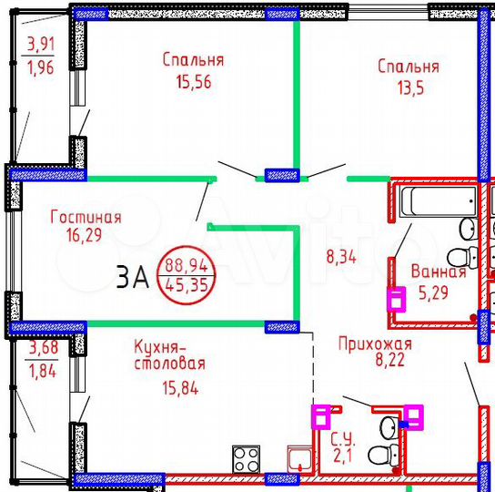 3-к. квартира, 88,9 м², 3/8 эт.