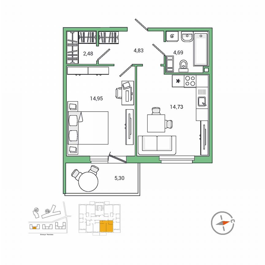 1-к. квартира, 43,5 м², 5/9 эт.