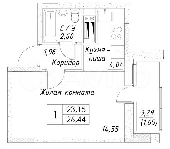 1-к. квартира, 26,4 м², 1/14 эт.