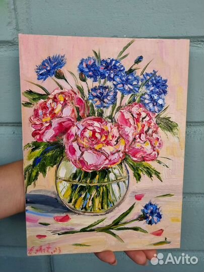Картина маслом пионы васильки маслом цветы в вазе