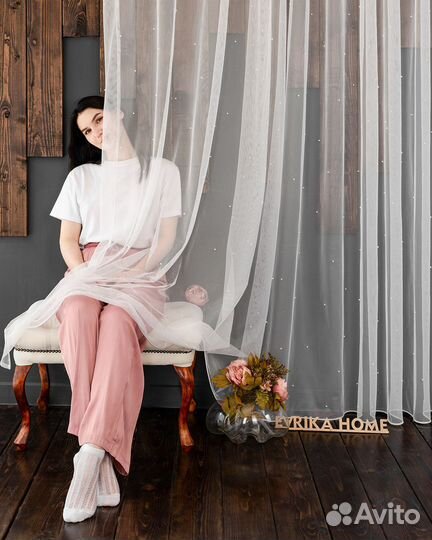 Тюль микросетка с жемчужинками Грейс Айвори