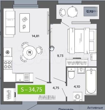 1-к. квартира, 34,8 м², 13/16 эт.