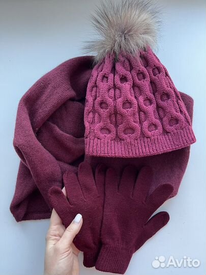 Набор шапка, шарф, перчатки бордовые