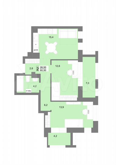 2-к. квартира, 60,5 м², 15/31 эт.