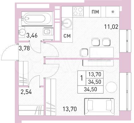 1-к. квартира, 34,5 м², 3/17 эт.