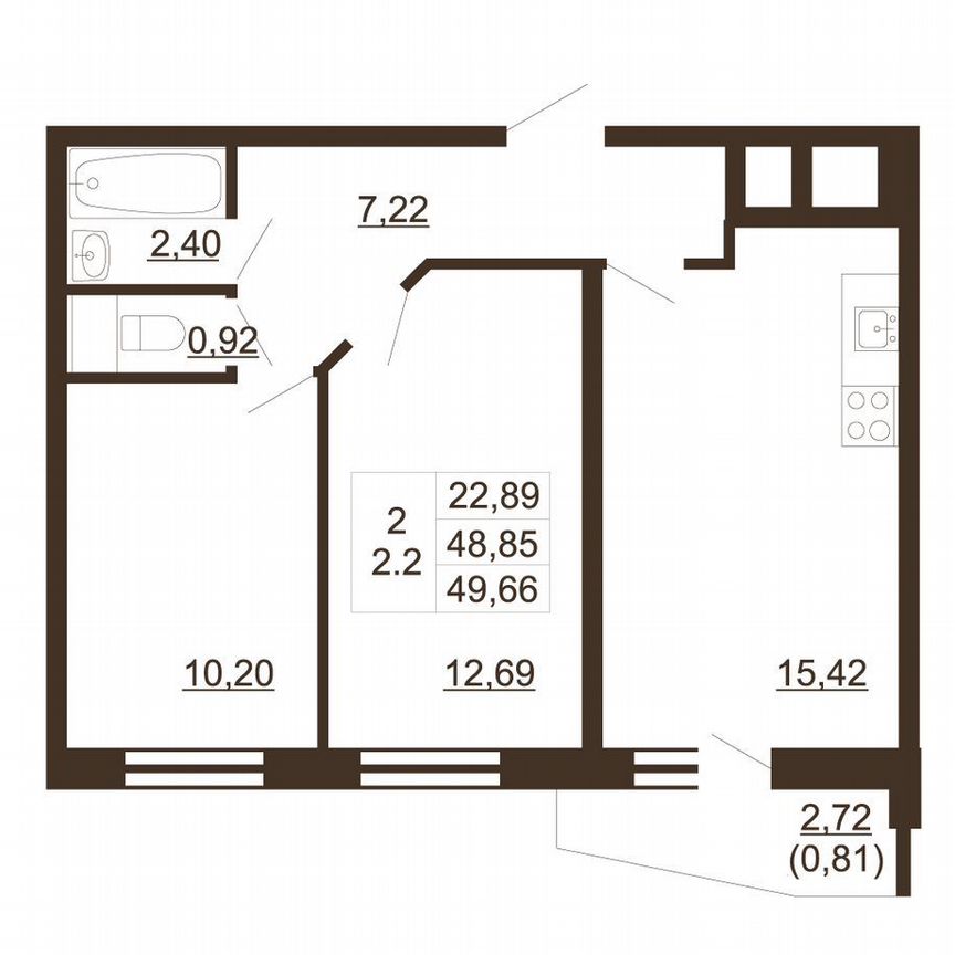 2-к. квартира, 49,7 м², 15/16 эт.