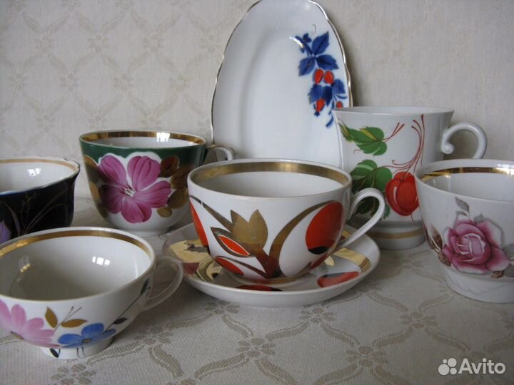 Фарфор советский, пара, чашка, лфз, золотой завит