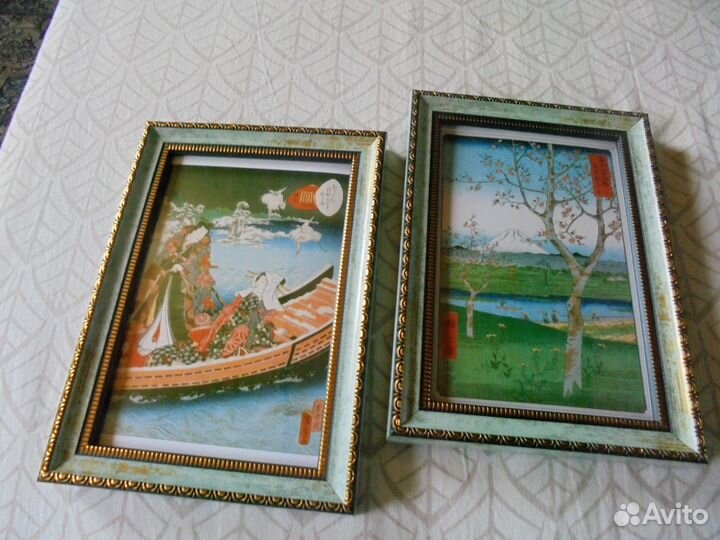2 панно японские гравюры в красив рамке 12,5х17 см