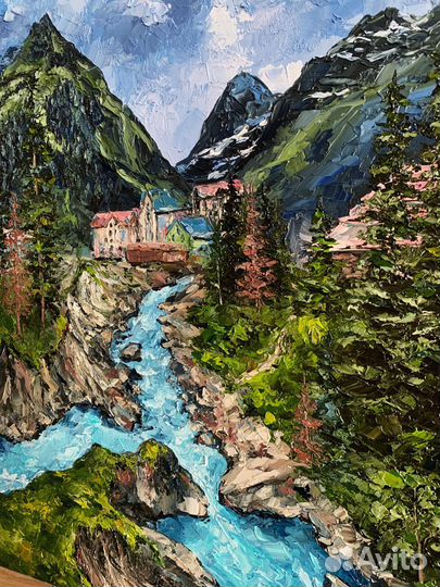Картина Домбай горная река пейзаж Кавказа 40*50 см