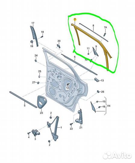 Уплотнитель опускного стекла задний левый Skoda