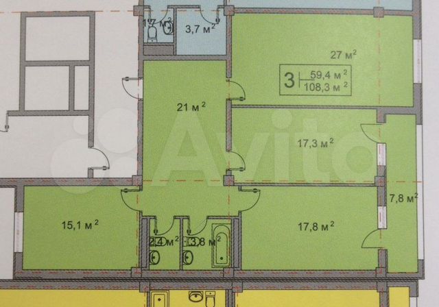 3-к. квартира, 108,3 м², 7/13 эт.