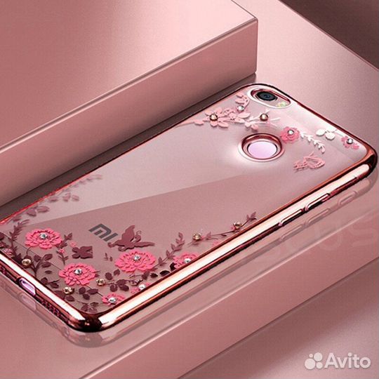 Чехол силиконовый со стразами и цветочками Xiaomi