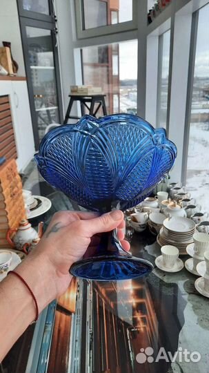 Ваза для фруктов на ножке СССР цветное стекло