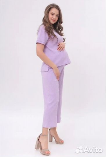 Лавандовый костюм для беременных брючный в рубчик