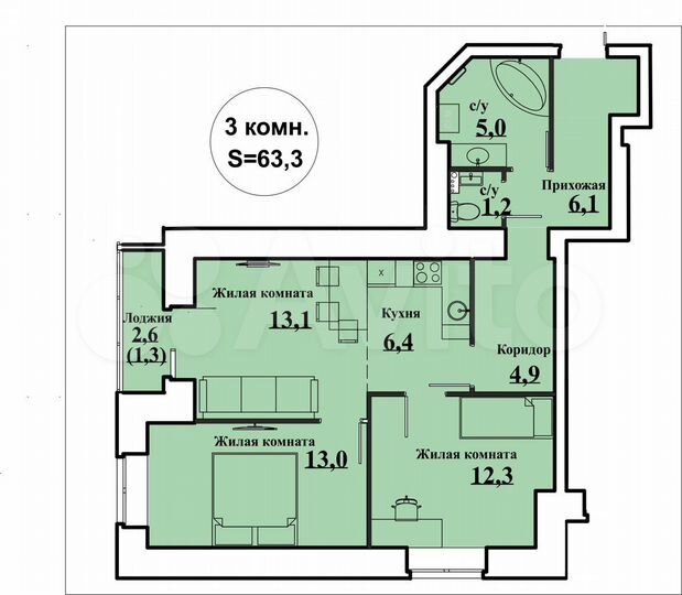 3-к. квартира, 64,2 м², 13/15 эт.
