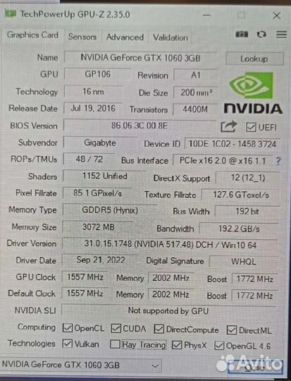 Gigabyte GeForce gtx 1060 3gb 192bit