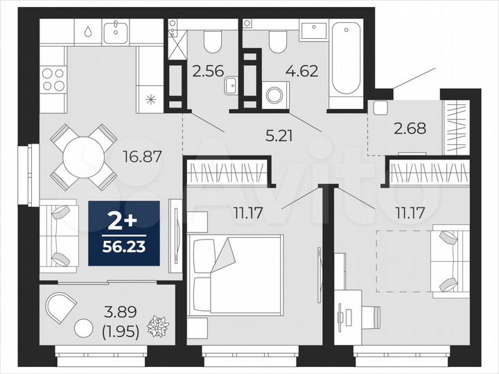 2-к. квартира, 56,2 м², 5/22 эт.