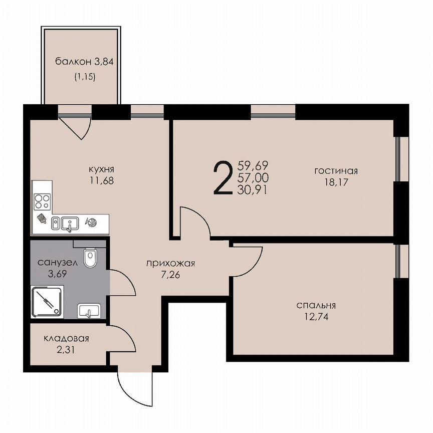 2-к. апартаменты, 57 м², 3/6 эт.