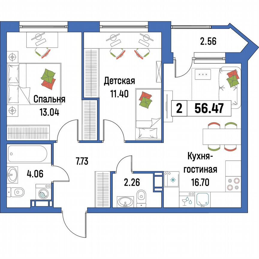 2-к. квартира, 56,5 м², 3/16 эт.