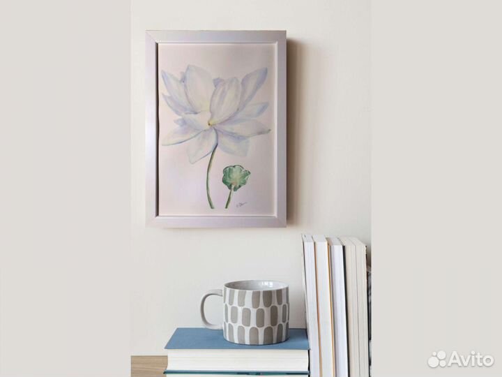 Акварельная картина белый лотос, А4
