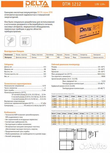 Аккумуляторы Delta DTM1212 на 12В 12Ач